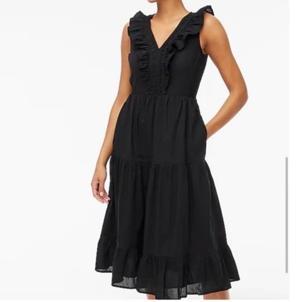 J. Crew Black 100% Cotton Ruffle Neck Tiered Skirt Smock Stretch Midi Dress NEW